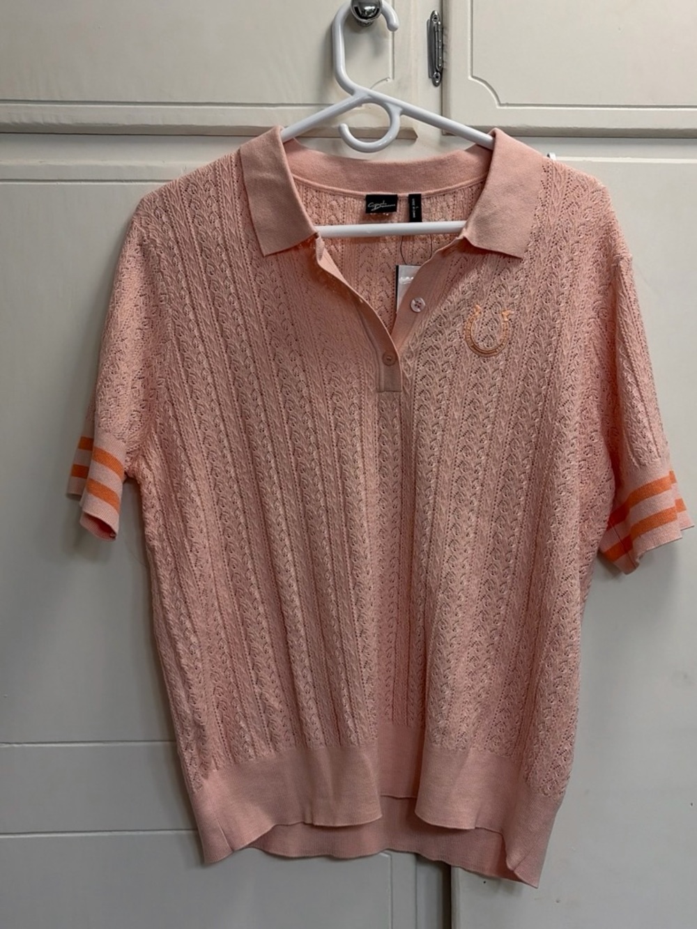 Light Peach Knit Polo with Orange Stripe Sleeves
